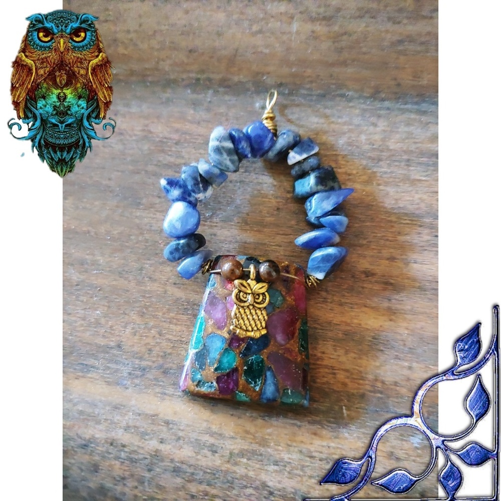 Mosaic Quartz & Solalite Owl Pendant🦉